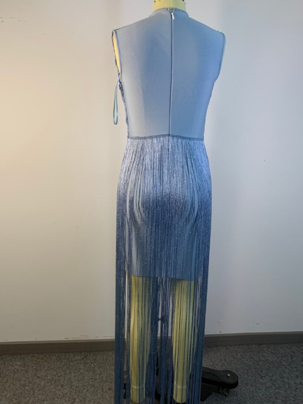 Glam Slate Blue Shimmer Fringe Mock Neck Bandage Bodycon Maxi Gown - Picture 8 of 8